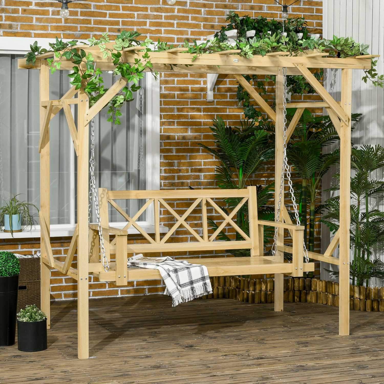 Hollywood huske med pergola, 2-seters hagehuske, værbestandig huskebenk for hage, heltre, naturlig, 221 X 140 X 196 cm