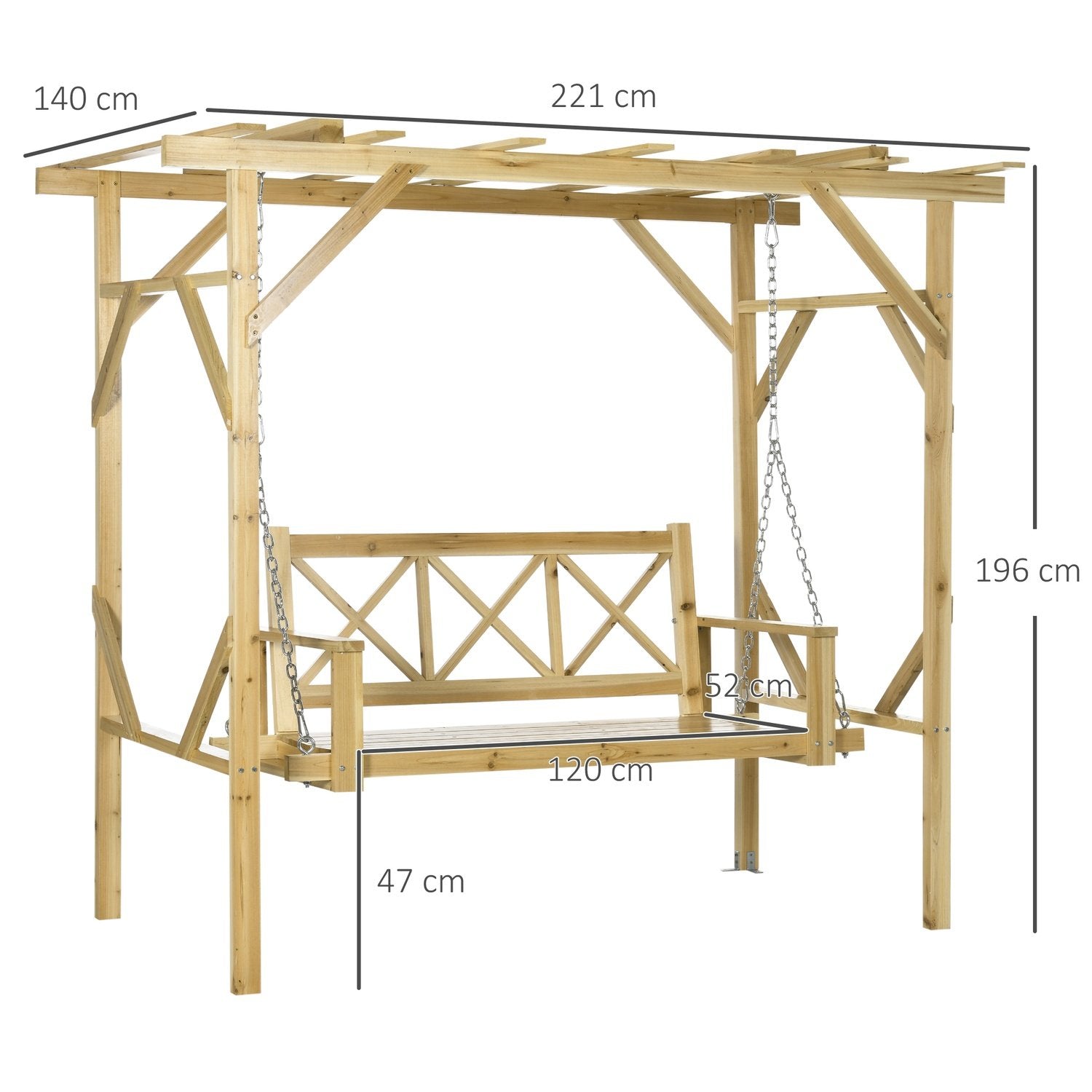 Hollywood huske med pergola, 2-seters hagehuske, værbestandig huskebenk for hage, heltre, naturlig, 221 X 140 X 196 cm