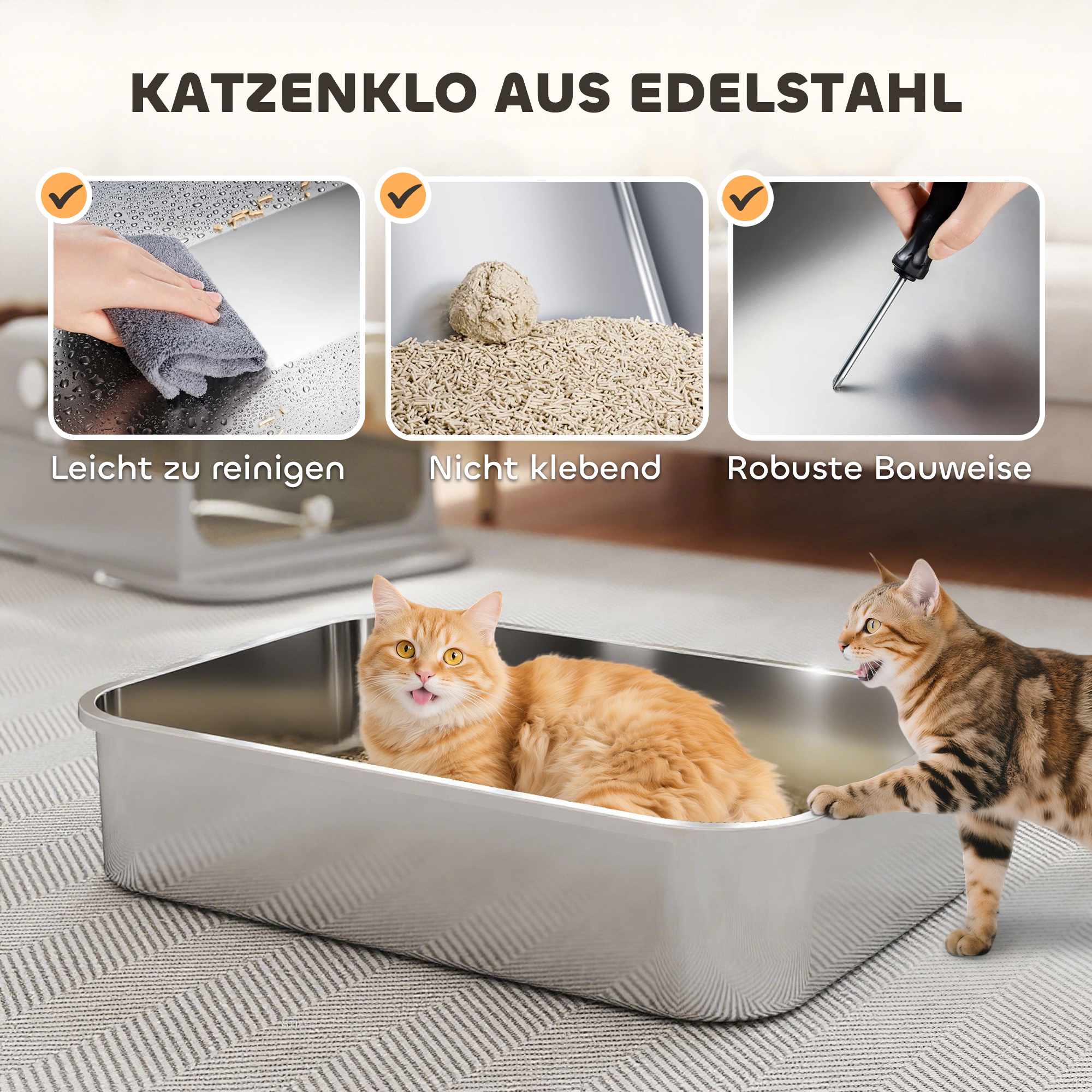 XXL kattlåda i rostfritt stål, lätt att rengöra, för stora katter