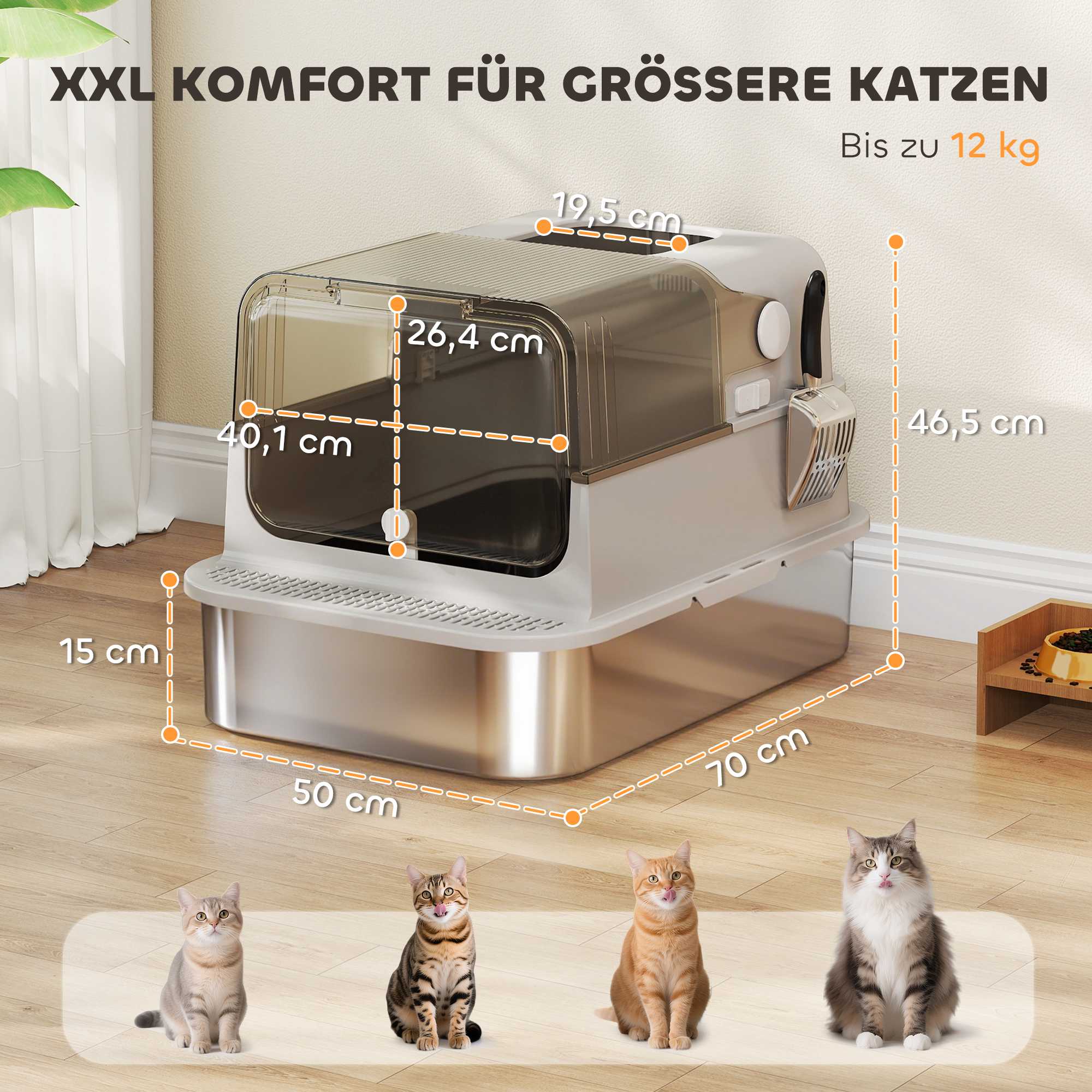 XXL kattlåda i rostfritt stål, lätt att rengöra, för stora katter