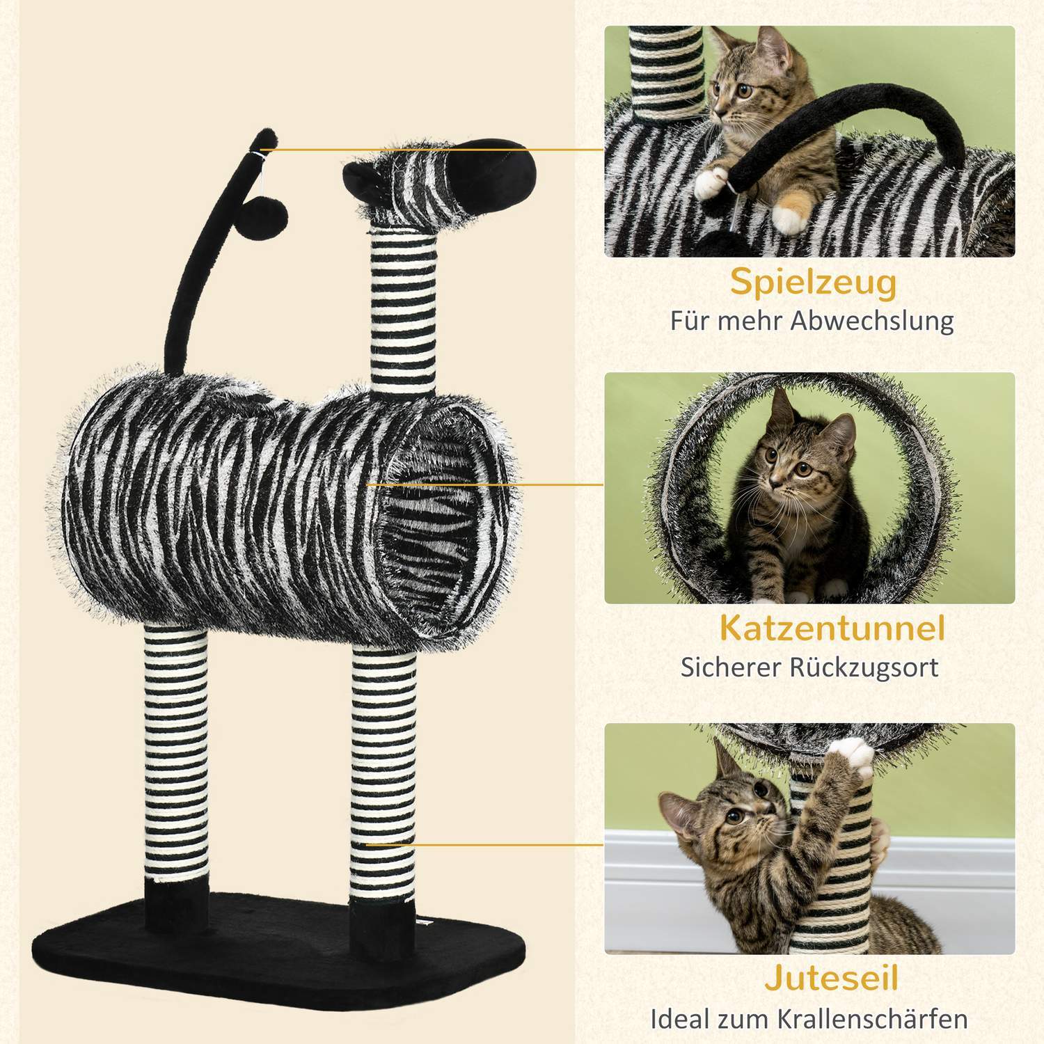 Skrapstolpe Katt Träd Zebra Design Klättertunnel Jutestolpe Svart + Vit 93Cm