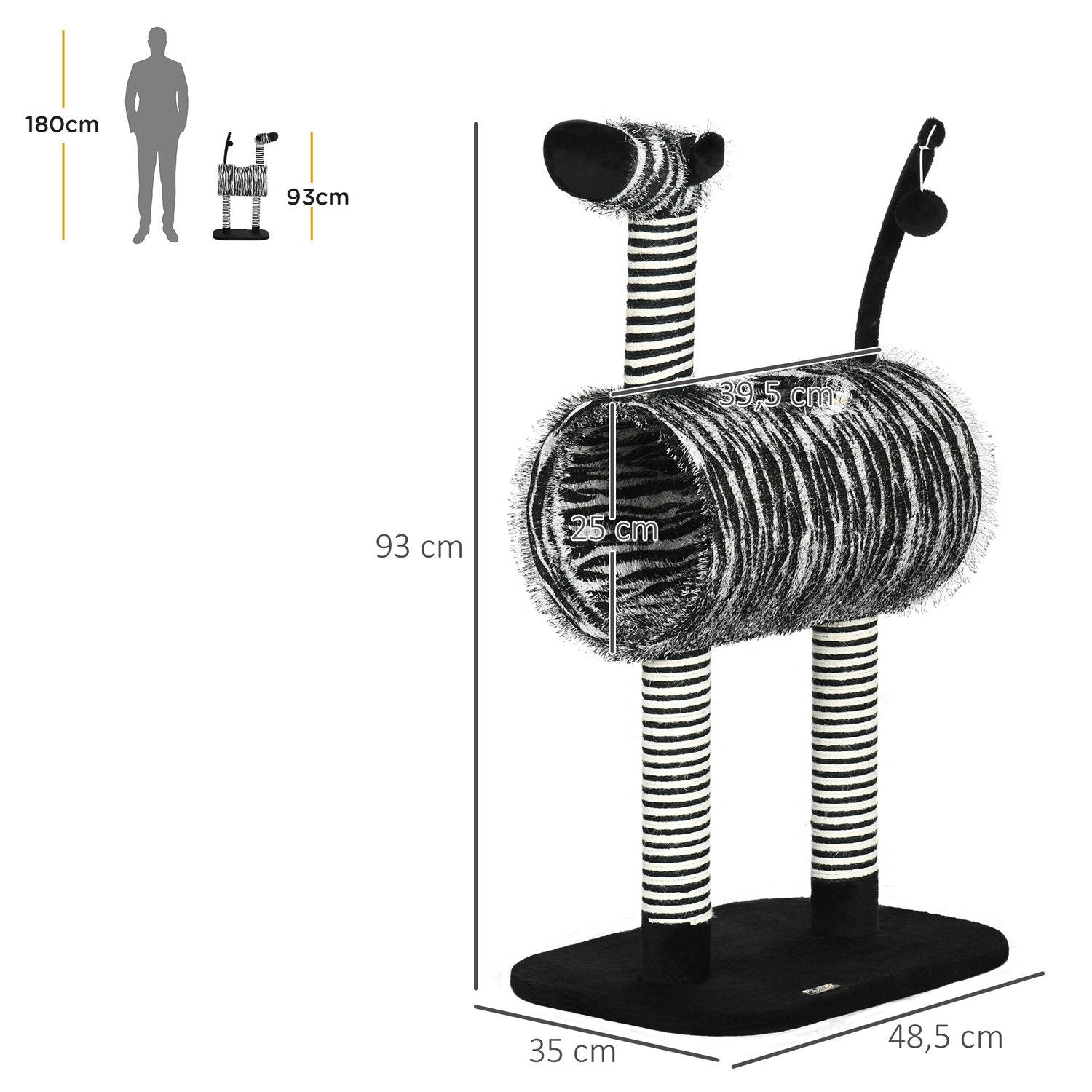 Skrapstolpe Katt Träd Zebra Design Klättertunnel Jutestolpe Svart + Vit 93Cm