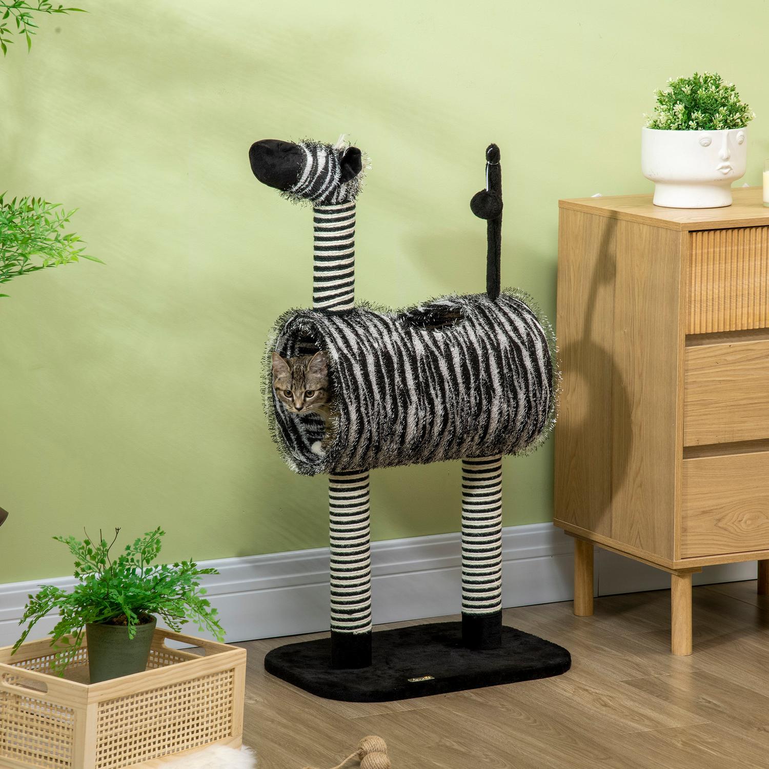 Skrapstolpe Katt Träd Zebra Design Klättertunnel Jutestolpe Svart + Vit 93Cm