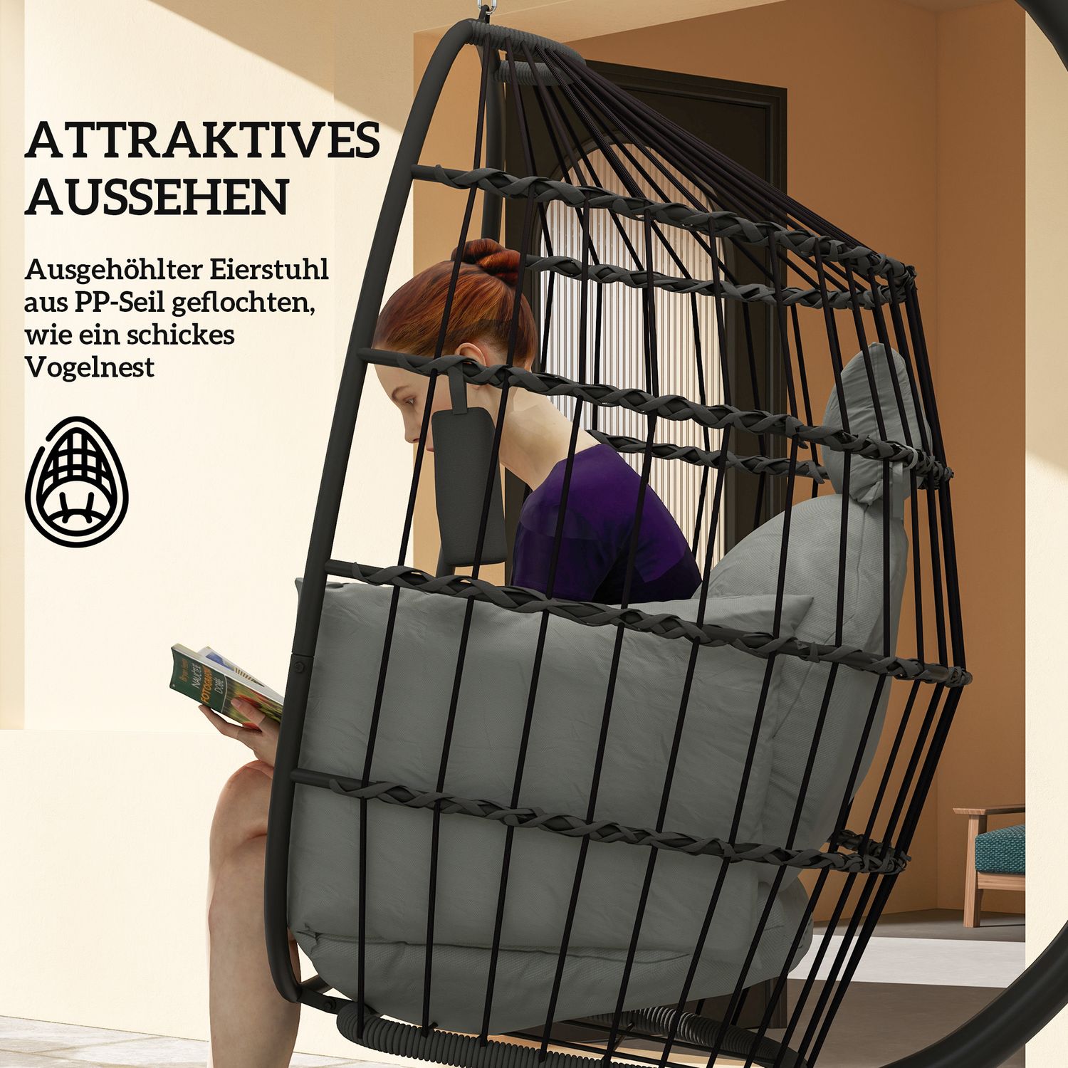 Äggformad hängstol med mugghållare, svart