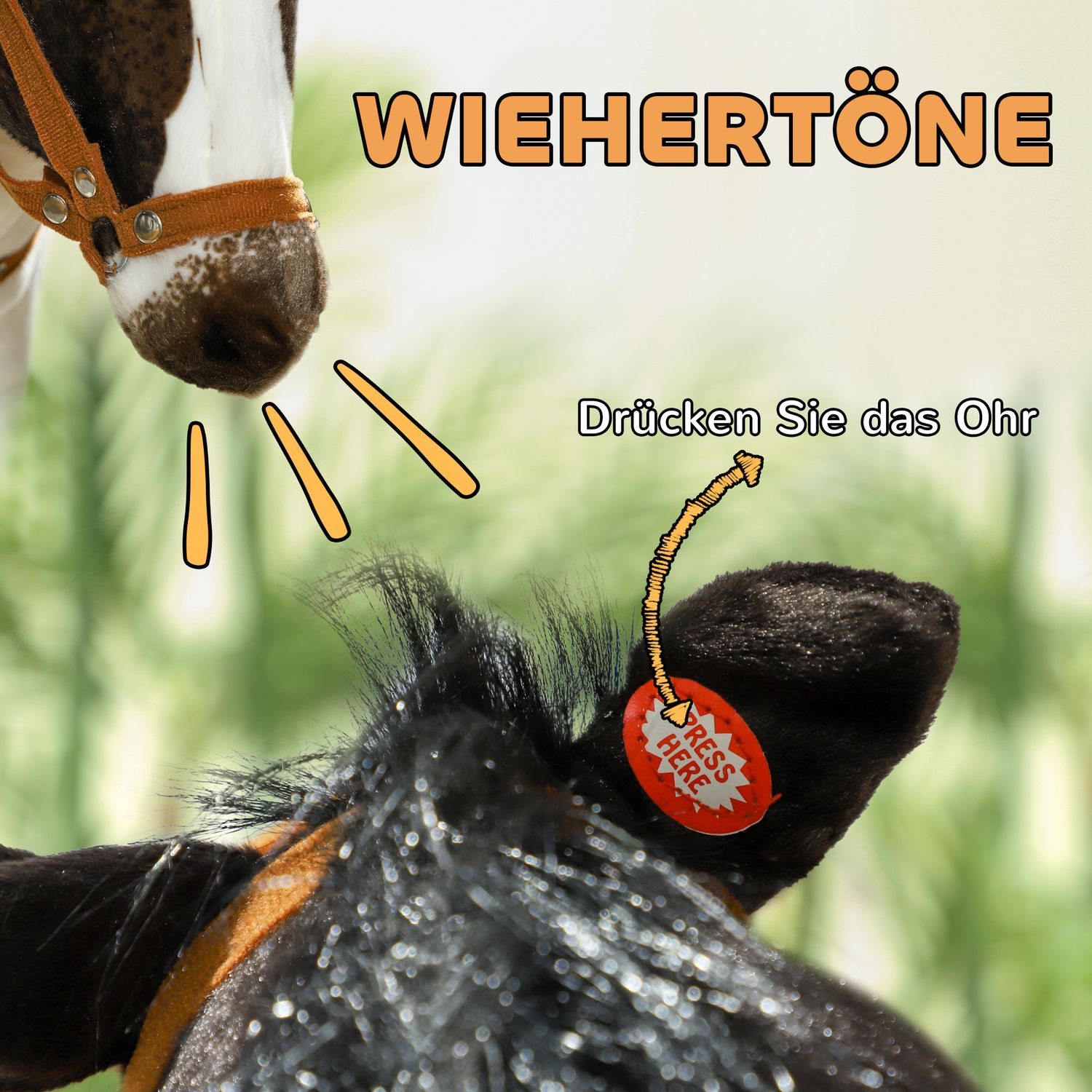 Åkhästleksak med ljud, 48 cm, sadel och träns, brun/kräm