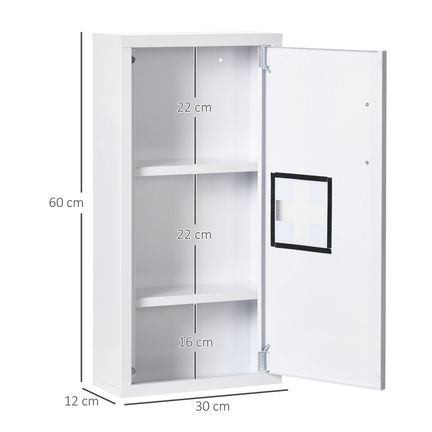 Medisinskap Førstehjelpsskap i hvitt med 3 indre rom og magnetisk lukking, for medisiner, 40X15X53,5 cm